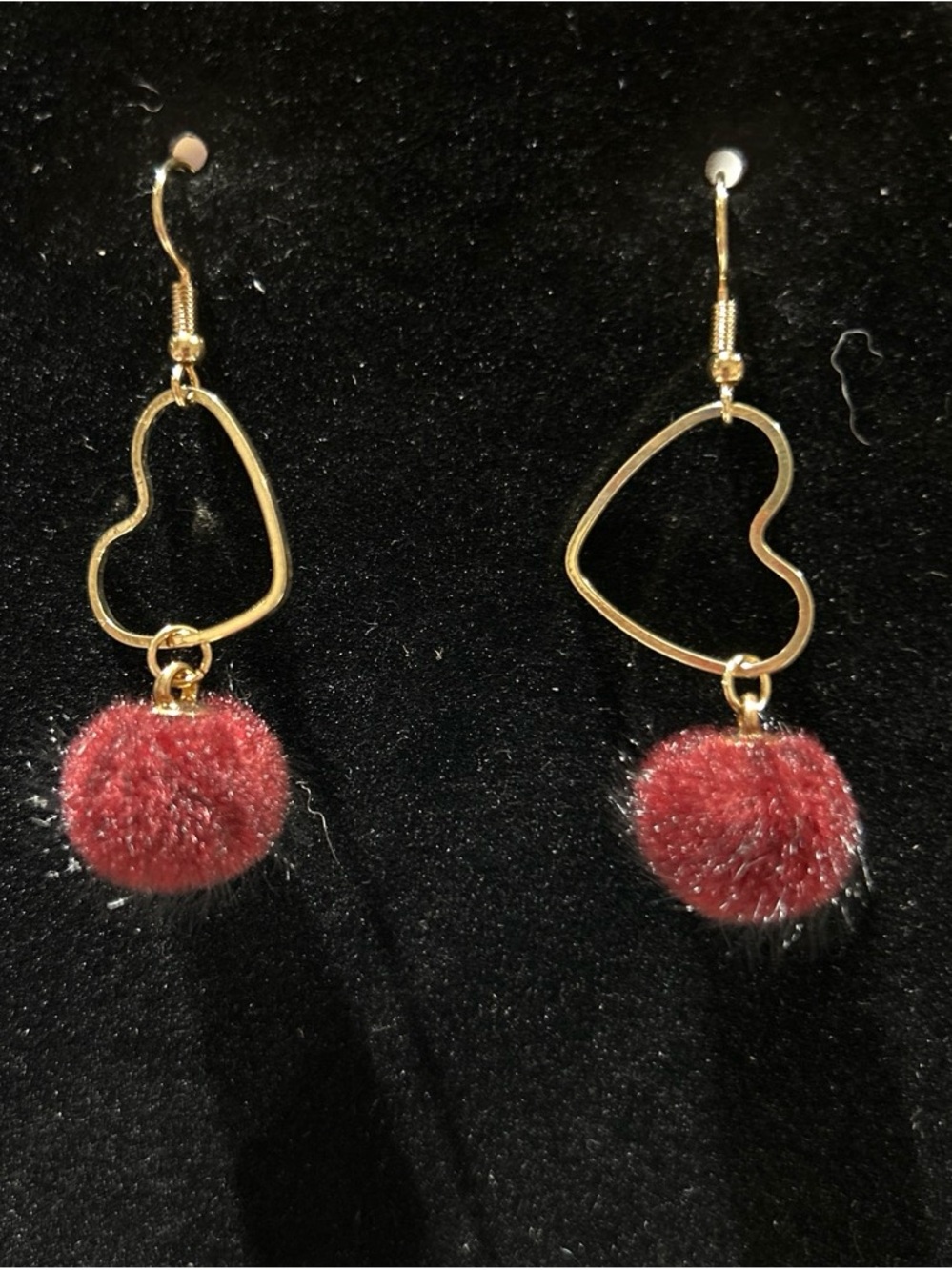 Gold Heart Drop Earrings with Red Pom-Pom